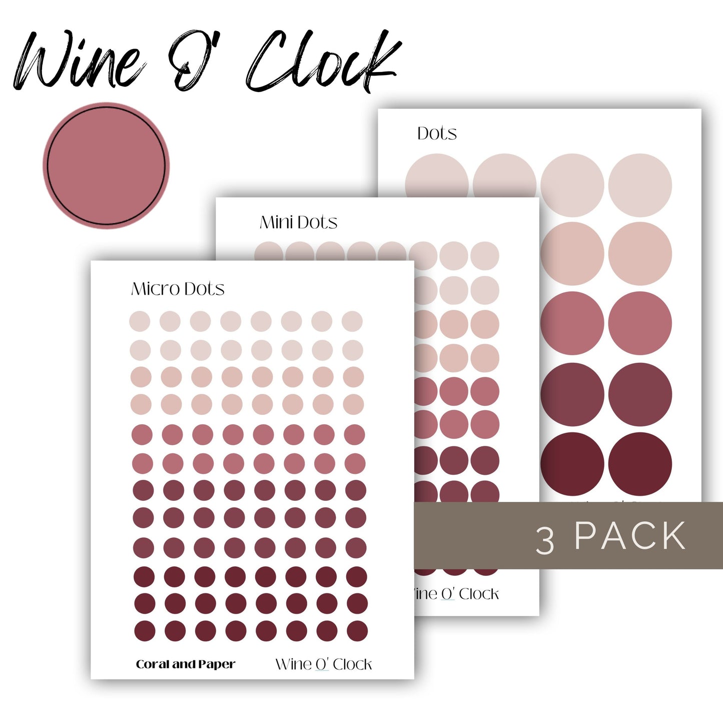 WINE O' CLOCK Combo Pack | Pink Dots | Maroon Dots | Planner Stickers | Minimalist Planning | Circle Stickers | Functional Stickers