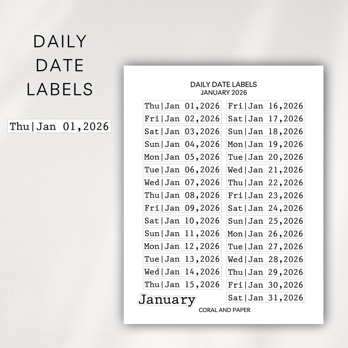 Daily Date Labels | Dated Planner Stickers | 2026 Monthly Date Stickers