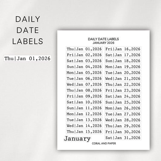 Daily Date Labels | Dated Planner Stickers | 2026 Monthly Date Stickers