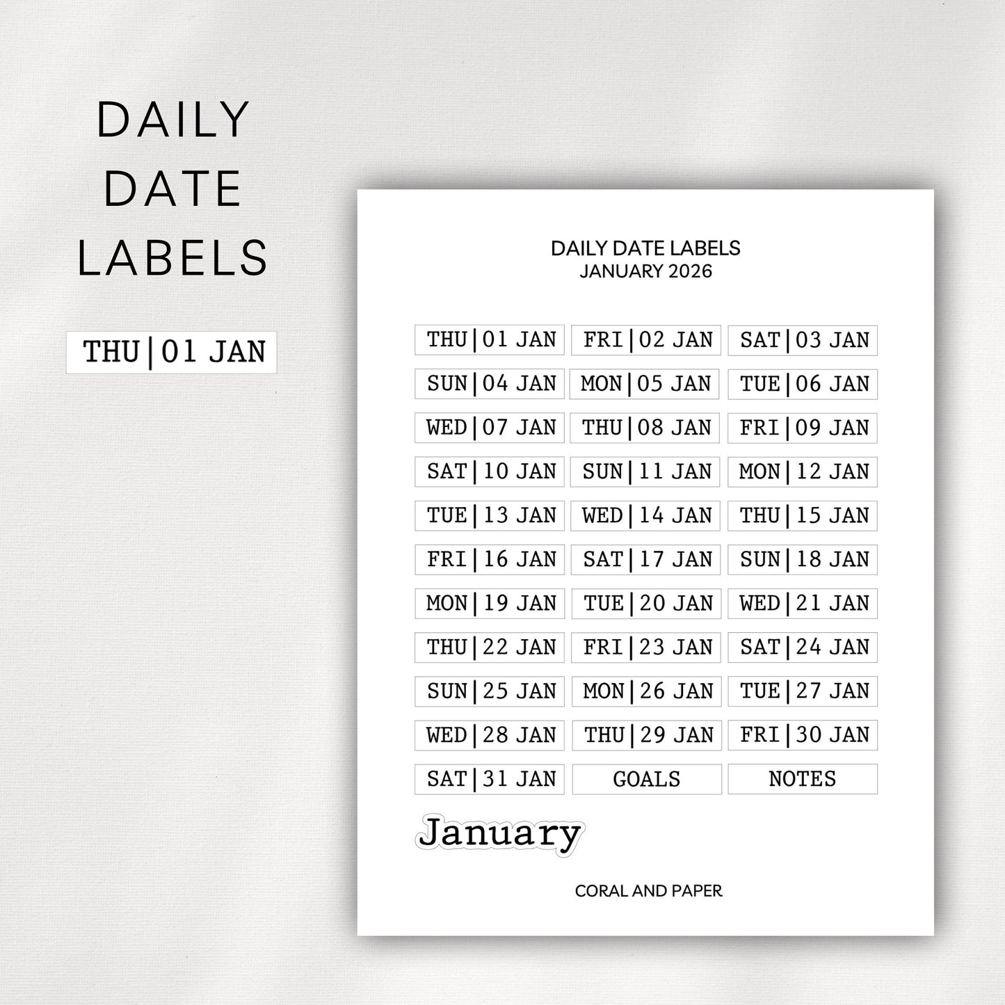 Daily Date Labels | Short Dated Planner Stickers | 2026 Monthly Date Stickers