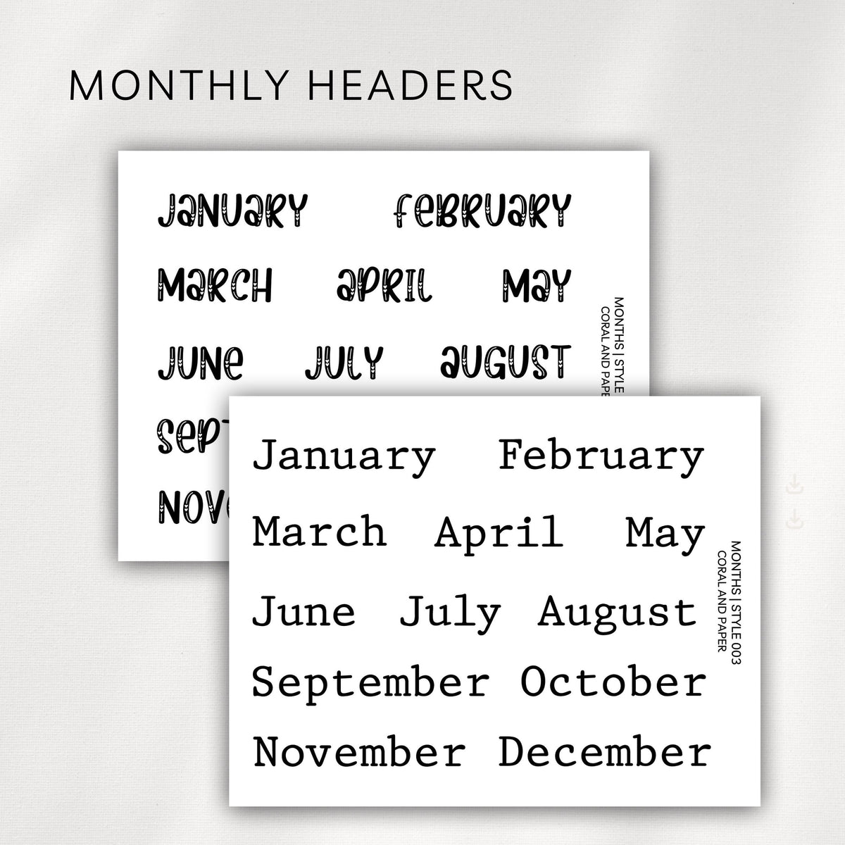 Monthly Headers – Script Planner Stickers | January to December - 003 004