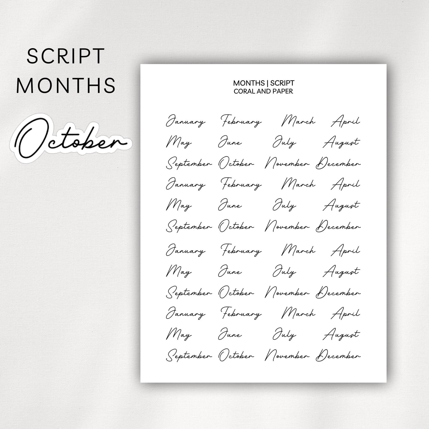 Script Month Stickers | Full Month Headers for Planners & Journals