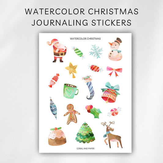 Watercolor Christmas Deco Stickers | Holiday Journaling Stickers for Planners & Scrapbooks