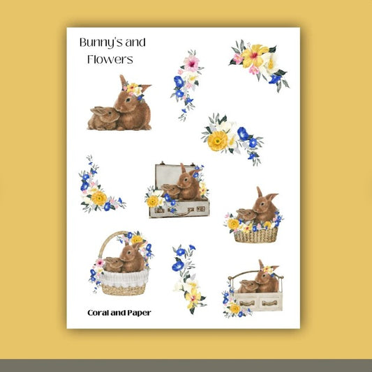 BUNNYS AND FLOWERS - Deco Stickers | Planner Stickers | Sticker Sheet