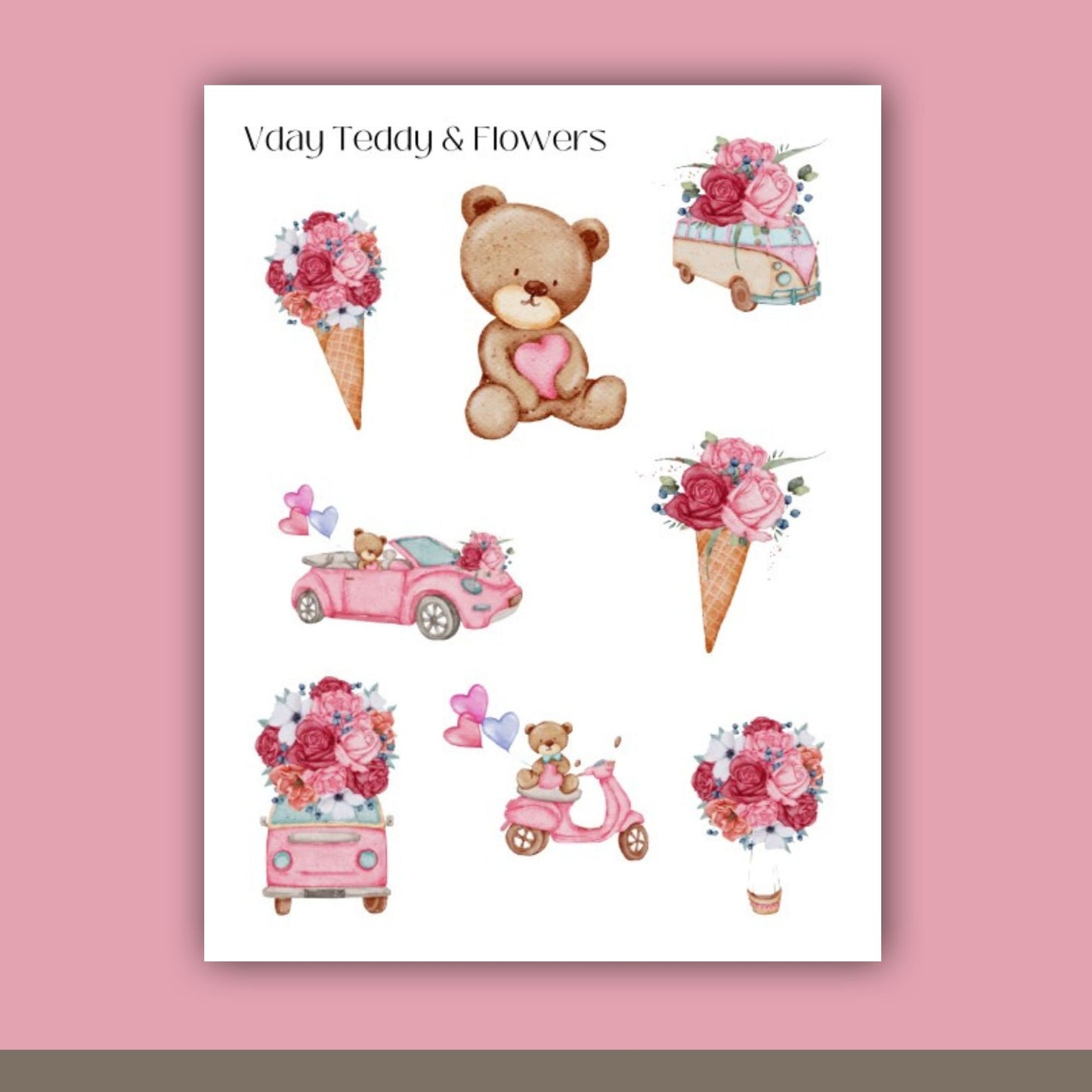VALENTINES  TEDDY & FLOWERS - Deco Stickers | Planner Stickers | Sticker Sheet