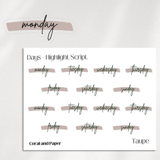 DAYS - HIGHLIGHT Script Planner Stickers | Minimalist Planning |Functional Planner Stickers| Bullet Journal