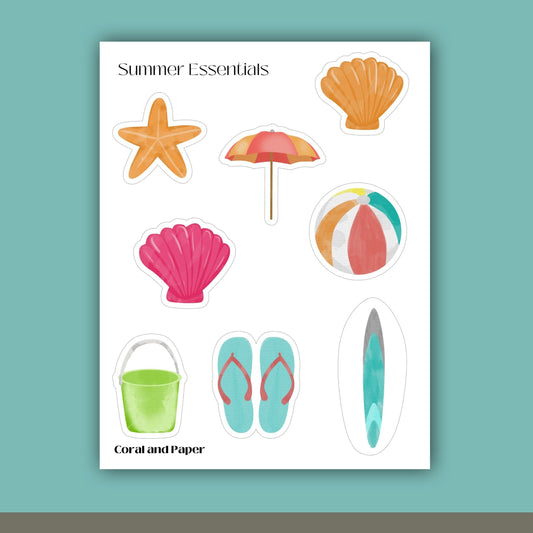 BEACH ESSENTIALS - Deco Stickers | Planner Stickers | Sticker Sheet